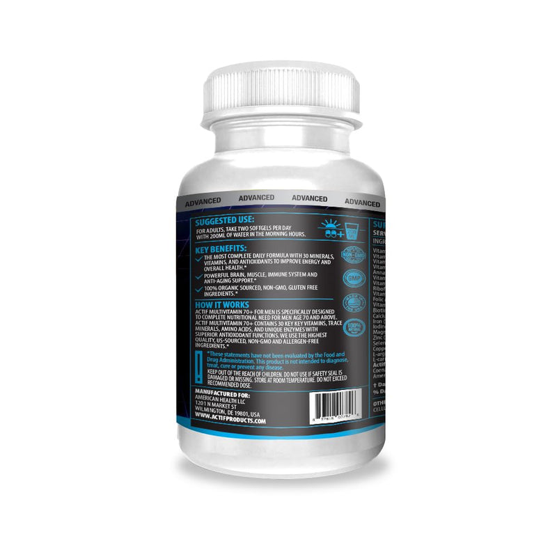 ACTIF Multivitamin for Men Age 70+ with 30 Advanced Factors – Non GMO, Made in USA, 90 Count