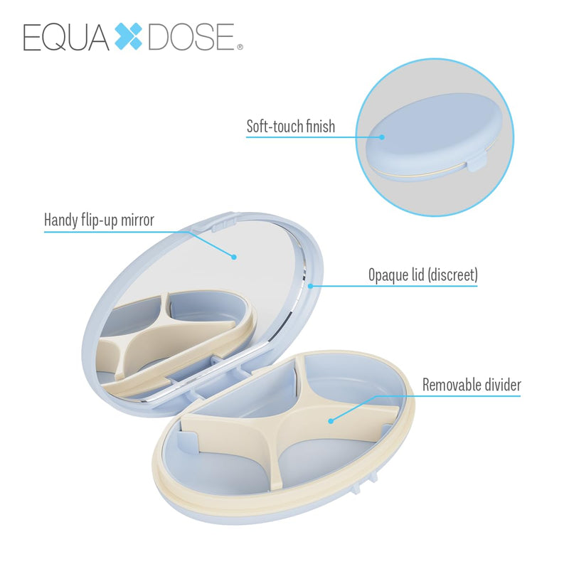 Equadose Oval Compact Pill Case, Portable Organizer with Mirror, Blue | Travel Medication Holder with Removable Divider, Small Storage Case for Pills, Vitamins, Earbuds, Jewelry & Daily Essentials Oval/Blue