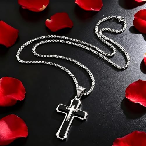 Mens Cross Necklace, Stainless Steel 3D Layered Cross Pendant Chain for Men