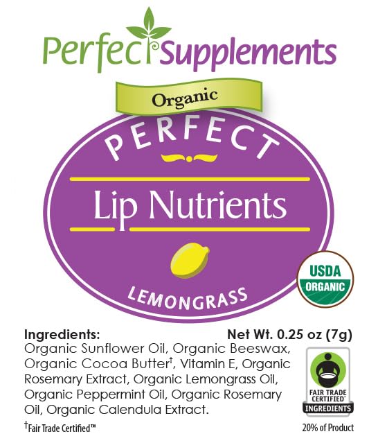 Perfect Supplements - Lip Nutrients Beeswax Lip Balm for Men and Women - With Calendula, Cocoa Butter & Vitamin E - Ultra Moisturizing Lip Care for Soft, Healthy Lips -3 Pack Lemongrass