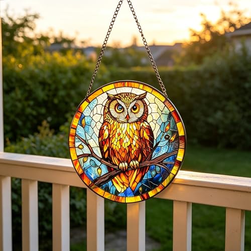 Stained Glass Owl Suncatcher, 7.8’’ Bird Window Hanging Gift for owl Lovers