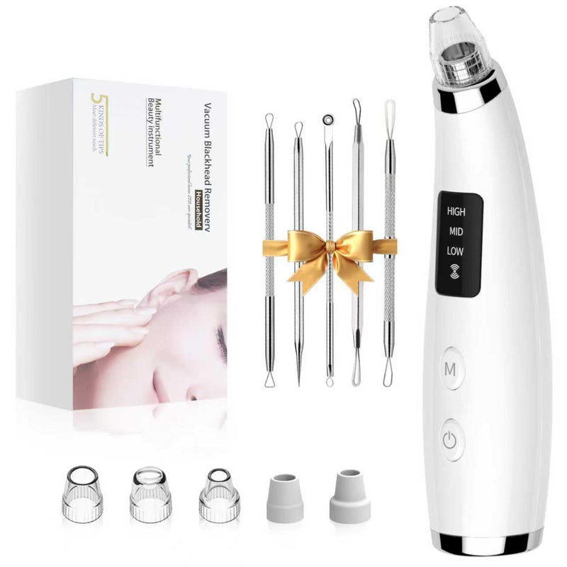 Facial Pore Blackhead Remover Vacuum - Fore Cleaner and Blackhead Extractor with 3 Adjustable Suction Levels - 5 Probes - Pore Vacuum Kit for Women&Men (White) White