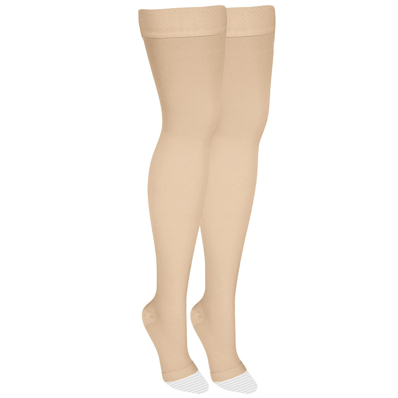 [Australia] - NuVein Medical Compression Stockings, 20-30 mmHg Support, Women & Men Thigh Length Hose, Open Toe, Light Beige, Medium Medium (1 Pair) 