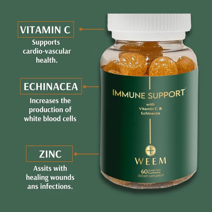 WEEM Immune Support Gummies - Vitamin C - Zinc - Echinacea - Health System Support - Alternative to Pills, Gluten-Free, Natural Supplement for Kids and Adults - 1 Pack 60 Count (Pack of 1)