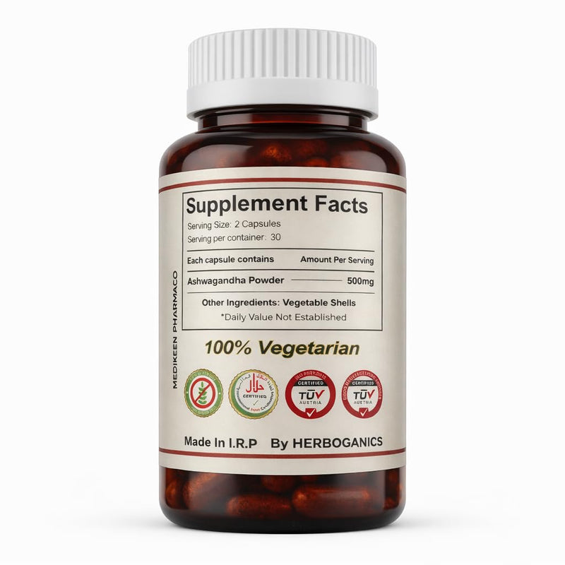 Ashwagandha Capsules 500mg – 60 Vegetarian Herbal Capsules – Natural Stress & Anxiety Support – Energy, Stamina & Focus Booster – Ayurvedic Herbal Supplement for Men & Women