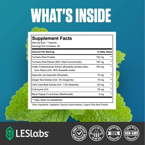 LES Labs Inflammatory Health Joint Support Supplement, 60 Capsules | Joint, Muscle & Mobility Support, Turmeric, Boswellia, Quercetin, Ginger, CoQ10, Muscle Relaxation & Recovery, Non-GMO