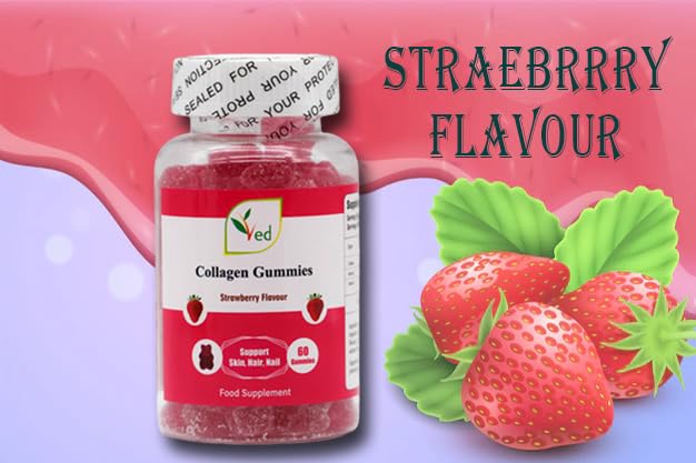 Ved Collagen Gummie Chew Gummies Strawberry Flavour, Raw Unfiltered Collagen Gummies with Vitamin C, Vitamin E, Health Supplement for Men and Women- 60 Chews 30 Days’ Supply