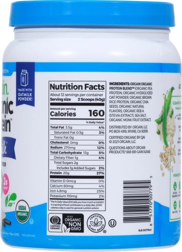 [Australia] - Orgain Organic Vegan Protein Powder + Oat Milk, Vanilla Bean - 20g Plant Based Protein, Gluten Free, No Dairy, Soy or Lactose Ingredients, Low Sugar, Non-GMO, Kosher, For Shakes & Smoothies - 1.05lb 12 Servings (Pack of 1) 