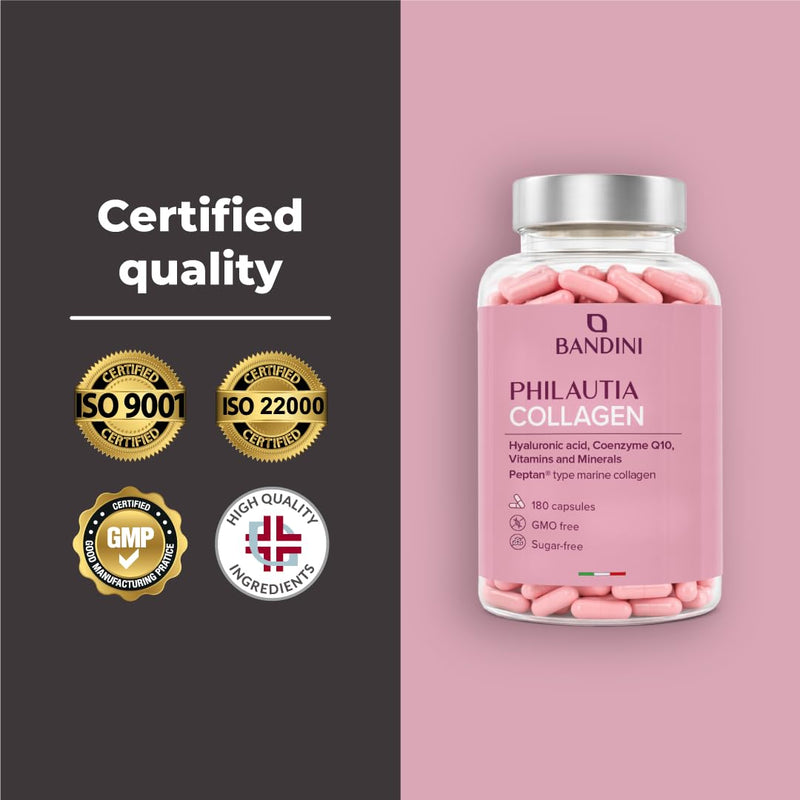 Bandini® Collagen Peptan® and Hyaluronic Acid 180 Capsules + Vitamin C, Biotin, Zinc, Coenzyme Q10 and Selenium, 1000mg Collagen Marine Hydrolysate Type 1 — Elasticity of Skin, Joints and Bones