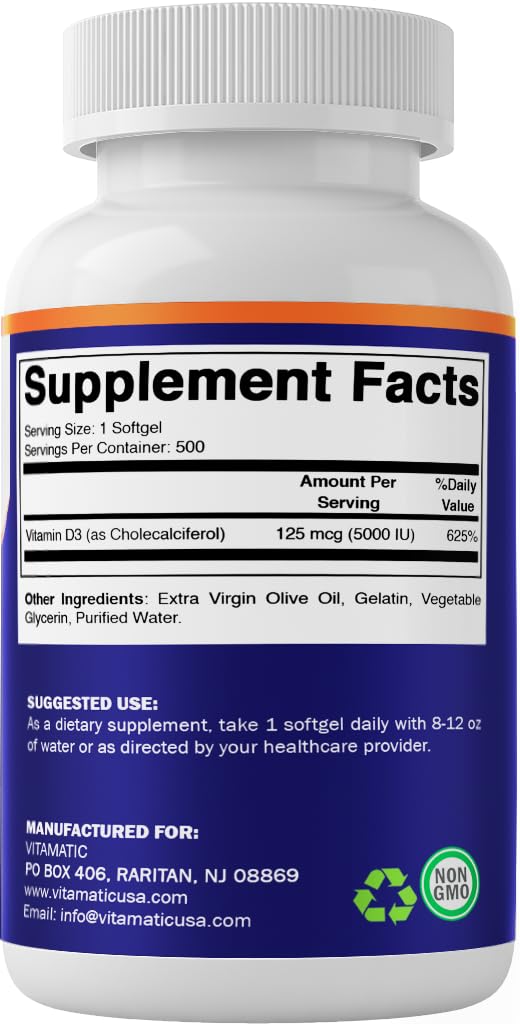 Vitamatic Vitamin D3 5000 IU (125 mcg), 500 Softgels, Made in USA | Olive Oil-Based Formula, Cold Pressed, 500 Day Supply, Support Immune Health*, Non GMO, Gluten Free 500 Count (Pack of 1)