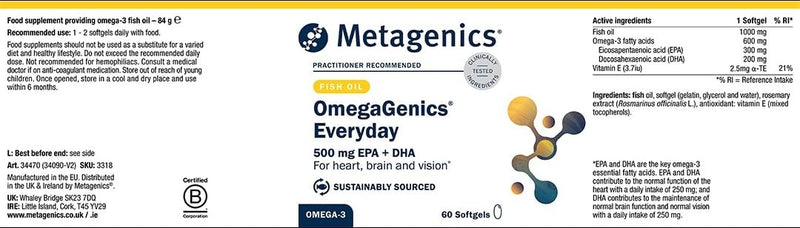 Metagenics OmegaGenics Everyday - 500mg EPA & DHA - Omega 3 Support with Vitamin E - for Heart, Vision & - 60 Capsules