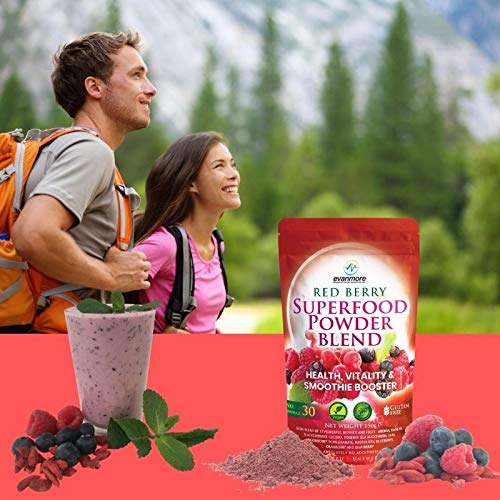 Red Berry Superfood Powder Blend - Evanmore Super Complete Reds Mix Vegan & Vegetarian Friendly Smoothie Juice Health Vitality Booster Supplement - 150g / 30 Servings - Natural Gluten Free Megablend