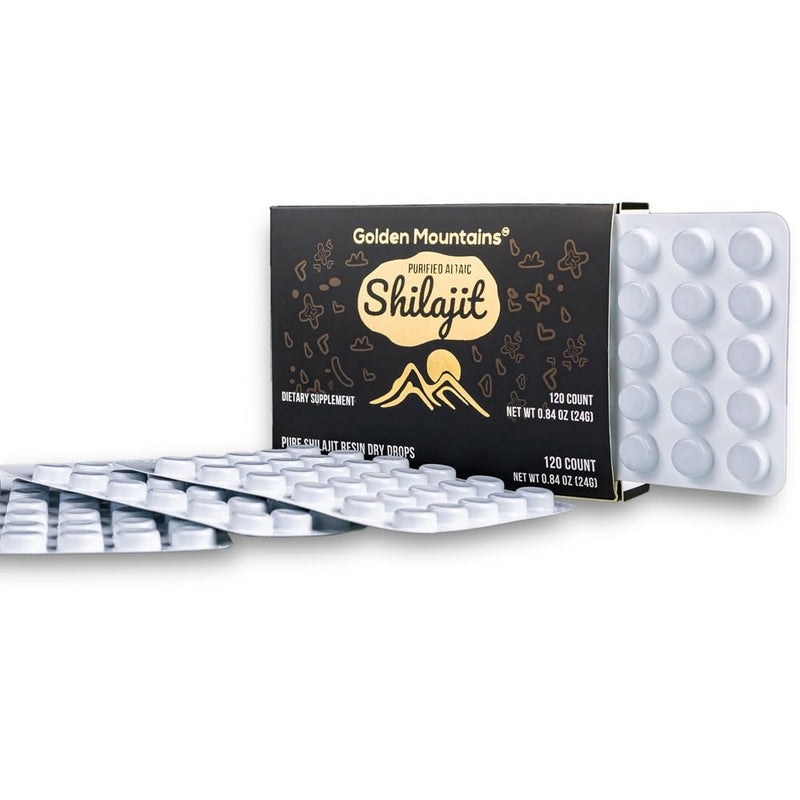 Premium Pure Shilajit Dry Drops by Siberian Green Altai Golden Mountains - 120 Count (200 mg) Food Supplement Fulvic Acid Caffeine 120 count (Pack of 1)
