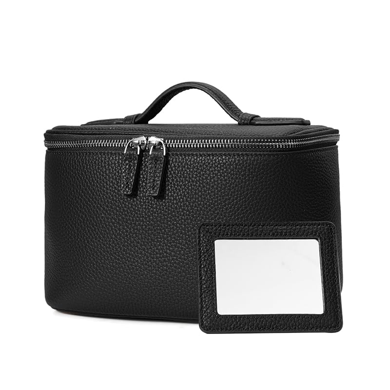 Ladies' makeup bag made of top-grain genuine leather, with a litchi pattern multi-functional for jewelry storage suitable for travel, commuting home use Cosmetic Case Black,lychee pattern
