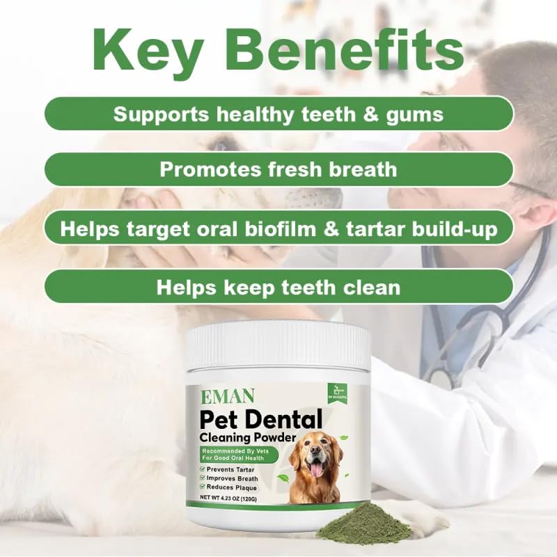 EMAN Dog Teeth Cleaning Powder - Dental Powder for Dogs, Dog Breath Freshener - Targets Tartar, Reduces Plaque & Bad Breath - Suitable for Small, Medium, and Large Dogs (120g) - PawsPlanet Australia