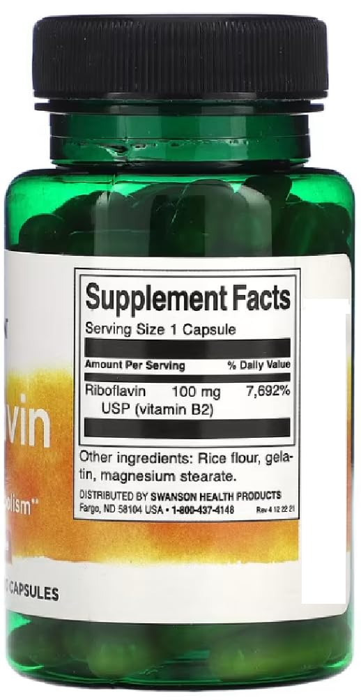 Swansons Swanson - Riboflavin Vitamin B-2, 100mg | Energy and Metabolism Support - 100 Capsules