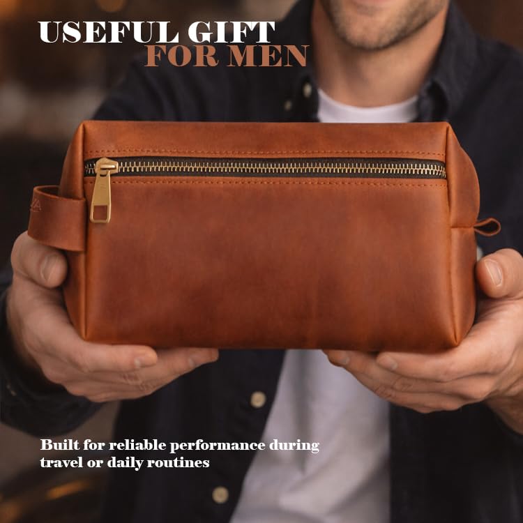 Leather Toiletry Bag for Men Handmade in USA – Full Grain Genuine Leather Dopp Kit with Waterproof Lining for Travel and Toiletries – Gifts for Men, Dad, Husband, Boyfriend, Friend
