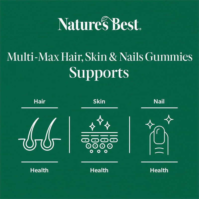 Nature’s Best Multi-Max Multivitamin Gummies for Hair, Skin & Nails - with Biotin, Zinc & Vitamin C - Raspberry Flavour - 60 Gummies (60 Day Supply)