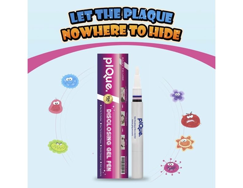 PLQUE Disclosing Gel Pen (90 Uses) - Tooth Plaque Detector for Better Brushing, Purple Stain Formula Reveals Invisible Cavity Causing Plaque, Kids and Adults Oral Care Tool, Pediatric Dentist Design
