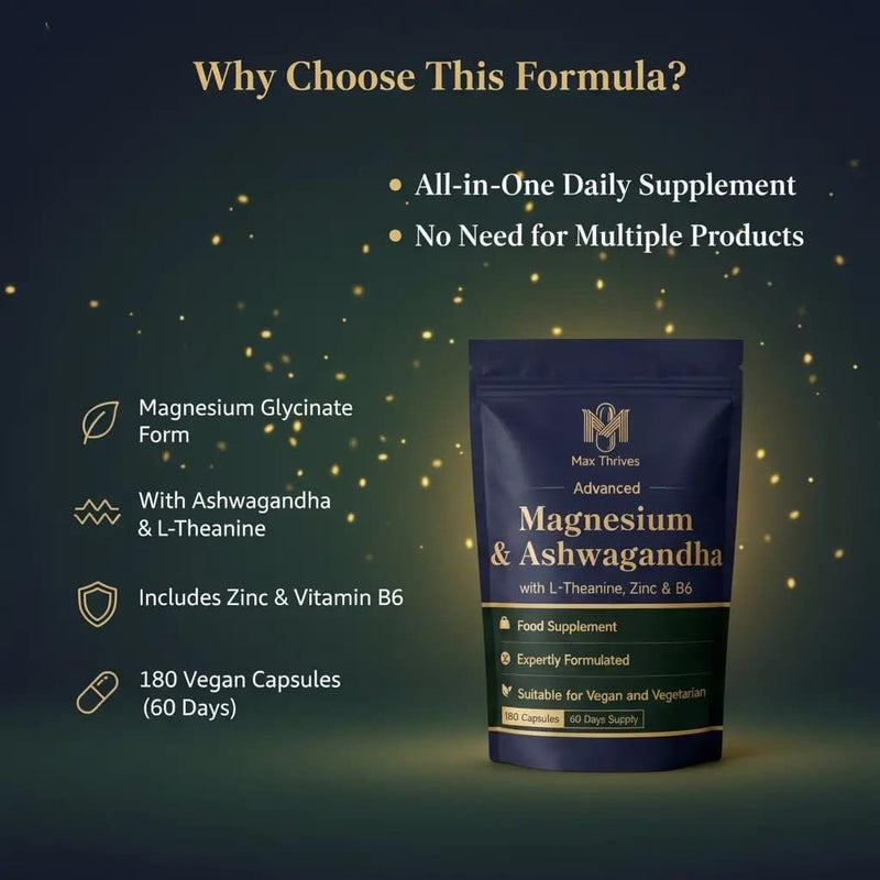 Magnesium Glycinate 5 in 1 Complex - Magnesium Supplement with Ashwagandha, L-Theanine, Zinc & Vitamin B6 – 180 Vegan Capsules – High Strength Magnesium Complex - Muscle Function & Nervous System