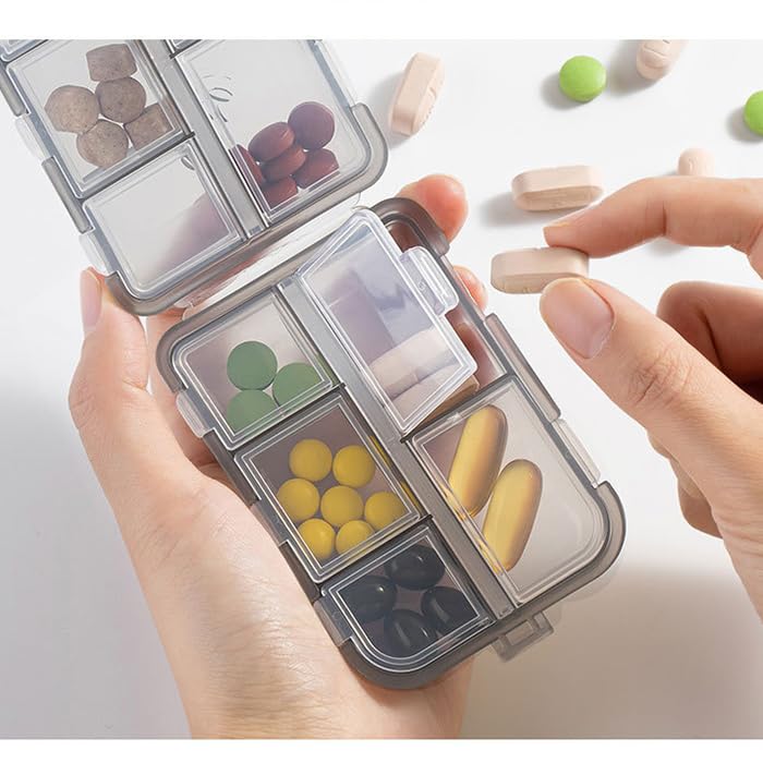 Weekly Travel Pill Organizer Box, 10 Compartments Small Fold Case | Medicine Holder, Daily AM PM Morning Night Pocket Travel Capsule Dispenser for Vitamin, Fish Oil, Supplement, Tablet, Grey 10 slot
