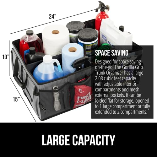 GORILLA GRIP Umbrella and Trunk Organizer, Umbrella has One-Click Automatic Open and Close, Trunk Organizer is Collapsible, Multi Compartment Container, Both in Gray, 2 Item Bundle