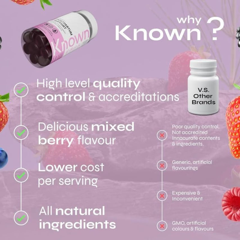 Known Postpartum Support Gummies – Mixed Berry Flavour – Vegan Multivitamin Gummy Supplement with Iron, Biotin, Choline & Vitamins – Post Pregnancy Recovery & Energy – 1 Month Supply – for Women