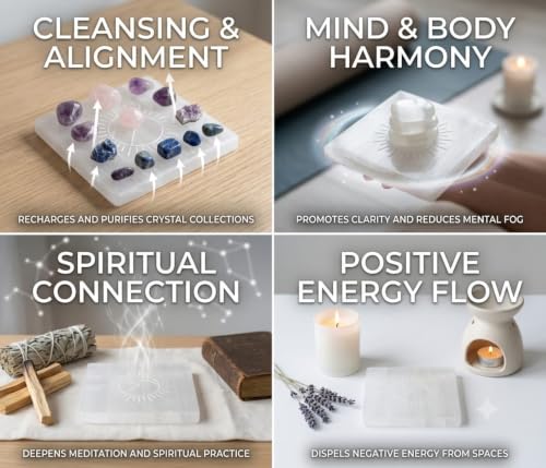 Selenite Etched Charging Plate Crystal Healing Gift Positive Energy Peace Meditation Wellness