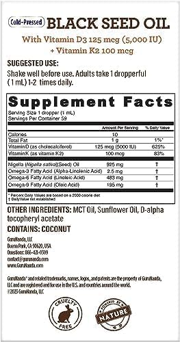 [Australia] - GuruNanda Black Seed Oil, Cold-Pressed Nigella Sativa - Rich in Vitamin D3 5000 Units, K2 & E, High Thymoquinone | Potent Antioxidant for Immune Support, Non-GMO, 2 Fl.oz 