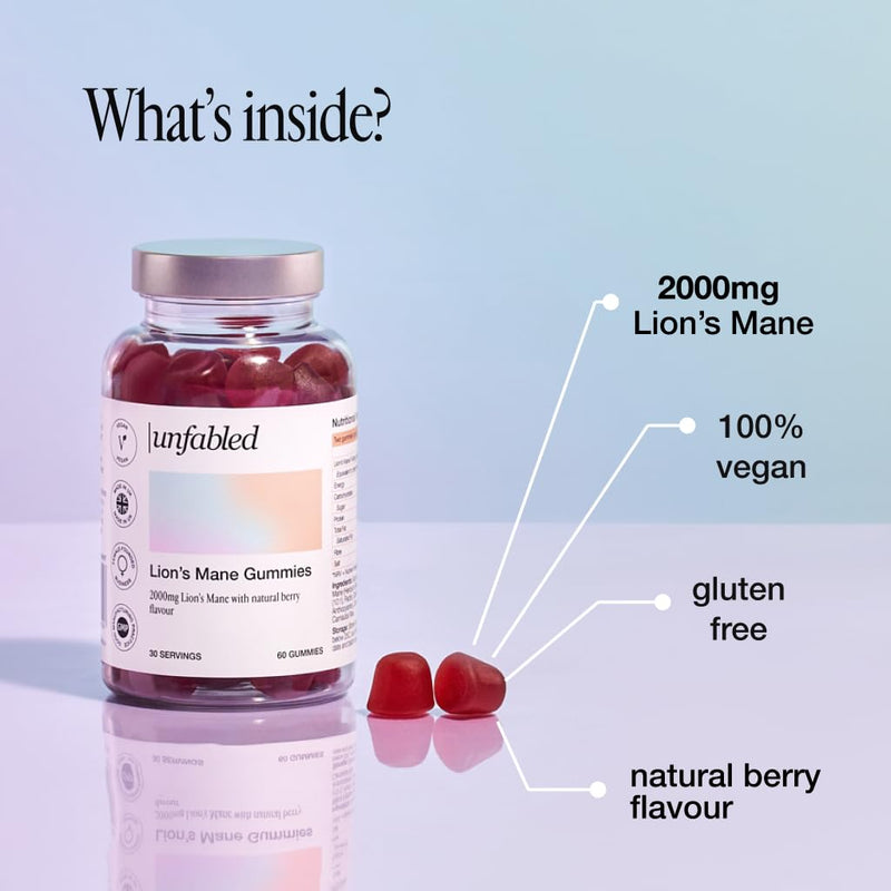 Unfabled Lion's Mane Gummies for Women, 60 Vegan Gummies, 2000mg Lion's Mane Fruit Body Extract 10:1, Traditional Mushroom Supplement, Fruit Body Only, Berry Flavour