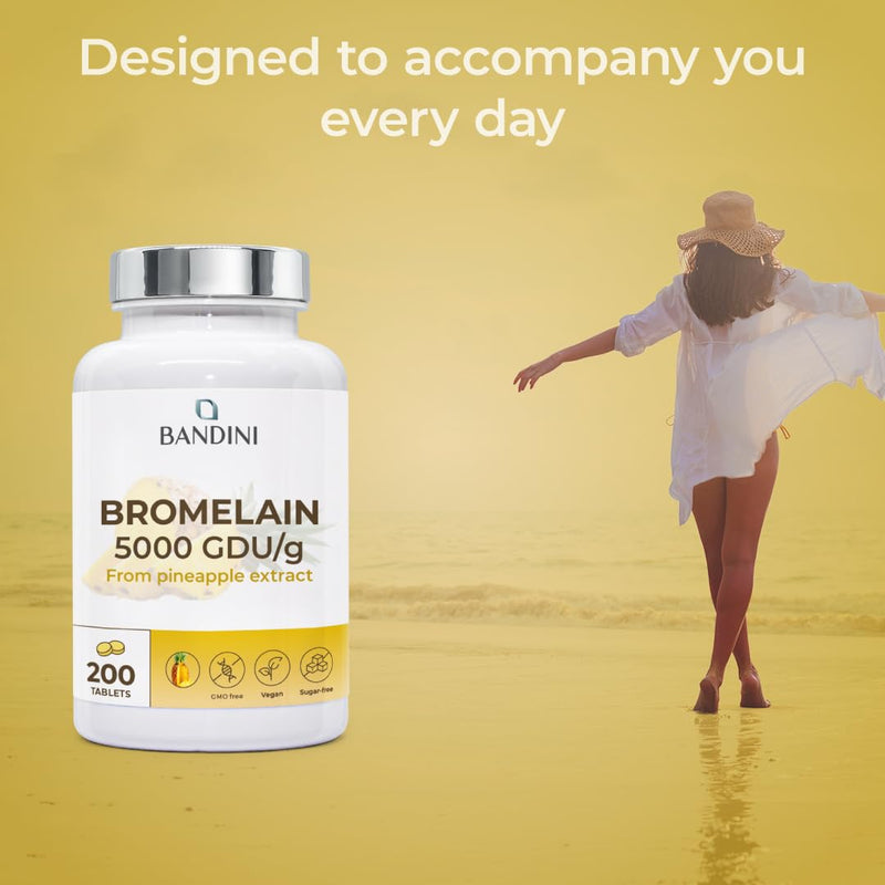 Bandini® Bromelain High Strength 5000 GDU/g per Serving - 200 Gastro-Resistant Tablets - Digestive Enzyme, Strong Bromelain Pure Pineapple Extract, High Dose, Made in Italy, No Additives, 100% Vegan