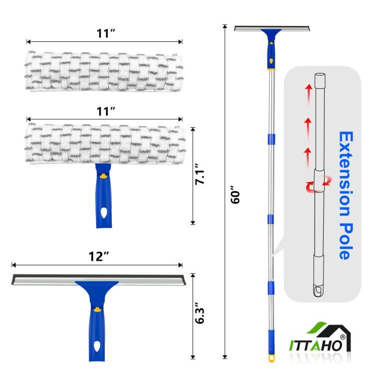 [Australia] - ITTAHO Squeegee for Window Cleaning,12" Squeegee and 11" Microfiber Scrubber Combi with Stainless Steel Pole,Extendable Window Cleaner for Car,Sliding Door,Shower Glass Door-Swivel Style-2 Pads Blue 12" Squeegee 