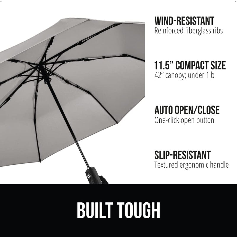 GORILLA GRIP Umbrella and Car Cup Holder Expander, Windproof Compact Stick Umbrella Lightweight, Car Cup Holder Expander Fits 18 to 48oz Big Water Bottles Both in Gray, 2 item Bundle