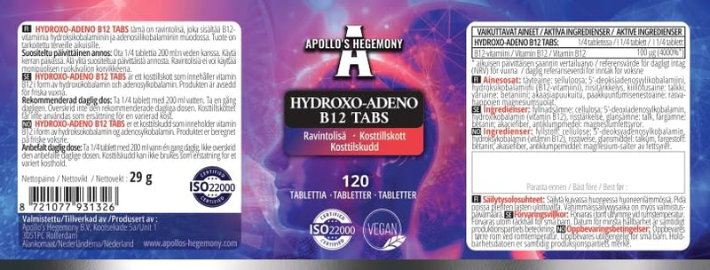 Vitamin B12 100 µg - Hydroxocobalamin & Adenosylcobalamin |120 Vegan Tablets | 480 Servings - Energy and Nervous System-by Apollo's Hegemony