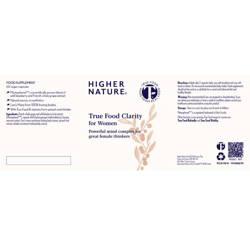 Higher Nature - True Food Clarity for Women - Nootropic - Support for Mental Clarity, Energy, Wellbeing & Cognitive Function - Lion's Mane & Vitamin B12 - Vegan - One Month Supply - 60 Capsules