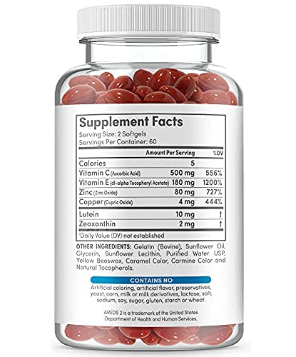 Eye Vitamins - AREDS 2 Based Formula - Eye Vitamin with Lutein & Zeaxanthin for Macular Health - Vision Supplements for Adults - 120 Softgels Support & Care for Eyes - Made in USA