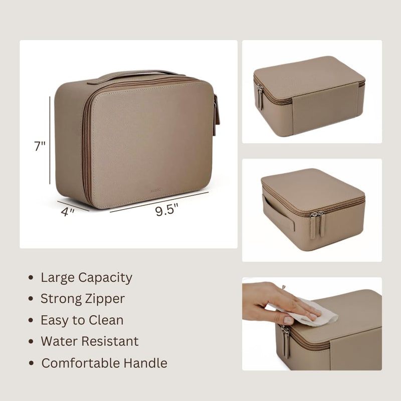 MELINE Leather Makeup Bag with Brush Holder,Travel Cosmetic Case for Women,Large Capacity Waterproof Toiletry Bag with Handle,Stylish and Durable Makeup Organizer (Taupe) Taupe