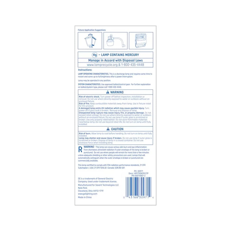 GE 30971 Outdoor Multi Vapor Metal Halide Light Bulb, Mogul Base, 175 Watt - Quantity 1