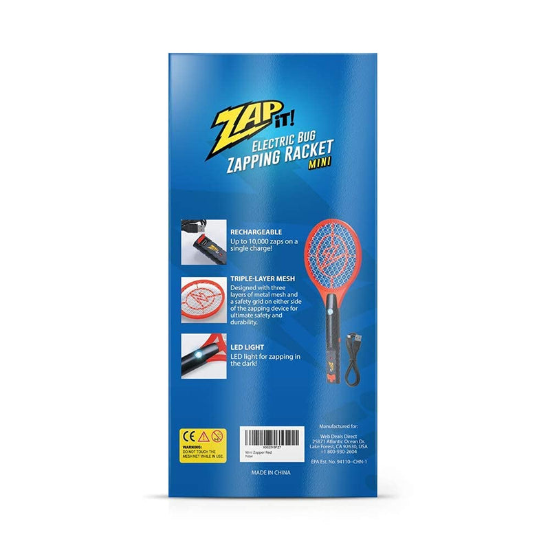 [Australia] - ZAP IT! Electric Bug Zapping Racket Mini - Rechargeable Bug Zapper Racket, 4,000 Volt Fly Swatter Electric Bug Zapper, USB Charging Cable - Red 