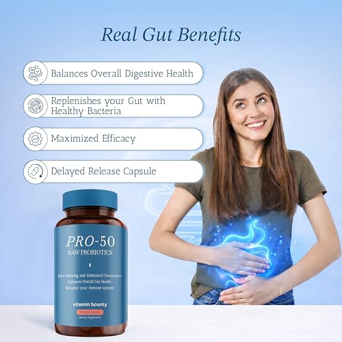Vitamin Bounty Pro-50 Probiotics & Prebiotic Fiber Bundle: 13 Strains, 50 Billion CFUs, Digestive & Gut Health Support, Delayed Release Capsules - 90 Capsules Total for Men & Women