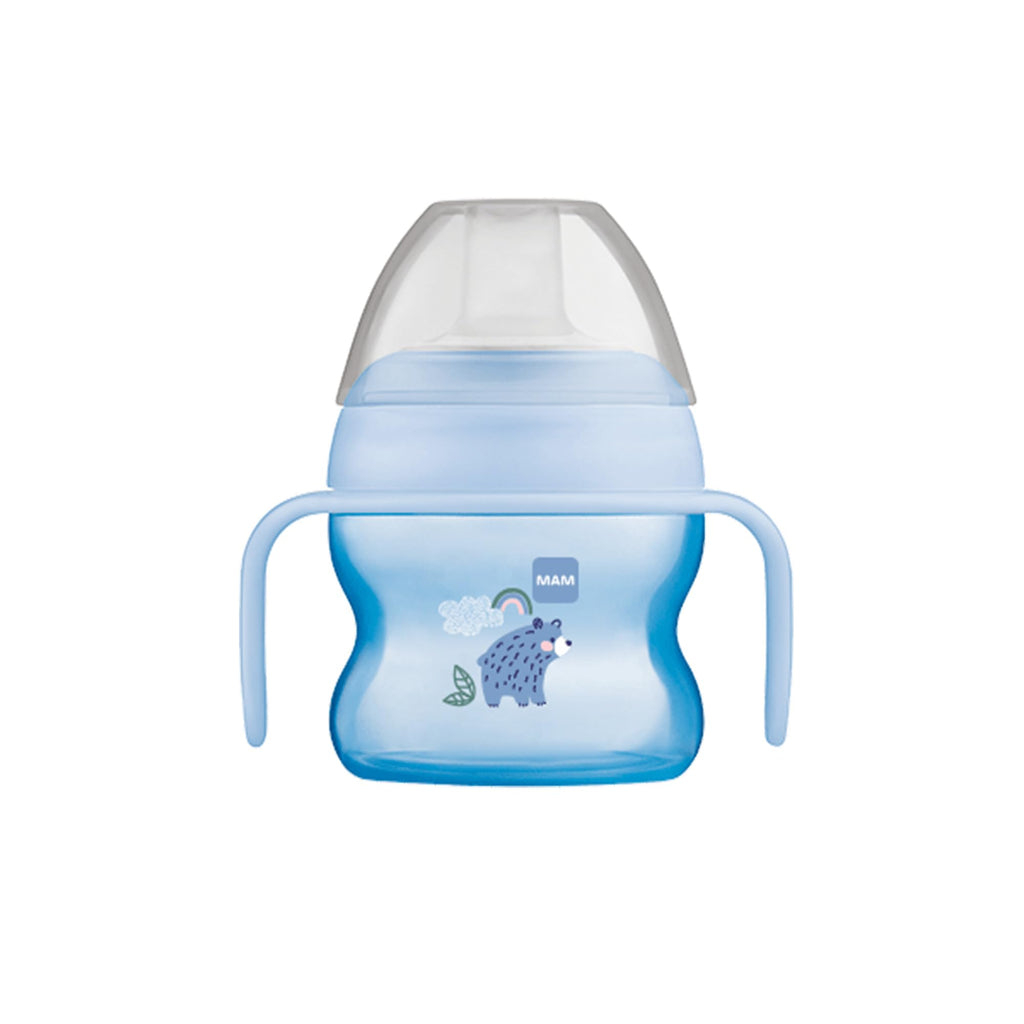 MAM Starter Cup (1 Count), MAM Sippy Cup, Drinking Cup with Extra-Soft Spill-Free Spout and Non-Slip Handles, for Boys 4+ Months, Five Ounces, Blue Boy