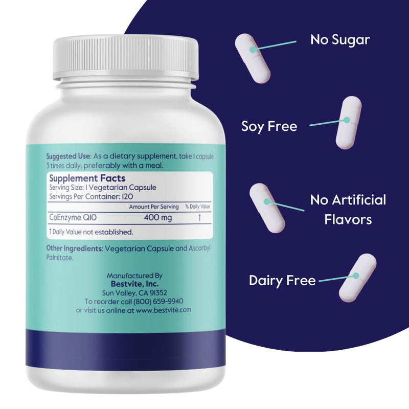 BESTVITE CoQ10 400mg (120 Veg Caps) Naturally Fermented - No Stearates | Vegan - Gluten Free - Non GMO - Coenzyme Q10 Supplement - Antioxidant for Heart & Energy Support*
