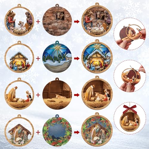 Hollowfly 8 Set Nativity Scene Ornaments 3D Wooden Christmas Tree Decor