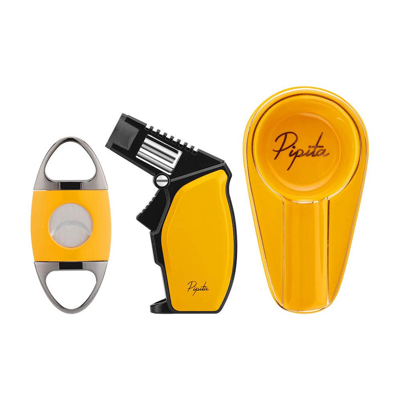 [Australia] - PIPITA Cigar Gift Set (3pcs/Set),Torch Lighter and Cigar Cutter and Ceramic Ashtray, Adjustable Jet Single Flame Butane Lighter Packing with Nice Gift Box 