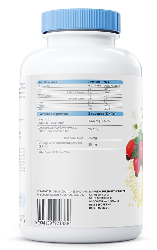 Osavi Vitamin C 1000 with Rutin & Rose Hip – 180 Vegan Capsules | Buffered Calcium Ascorbate | Supports Immunity, Collagen Formation & Iron Absorption | Gentle on the Stomach 180 count (Pack of 1)