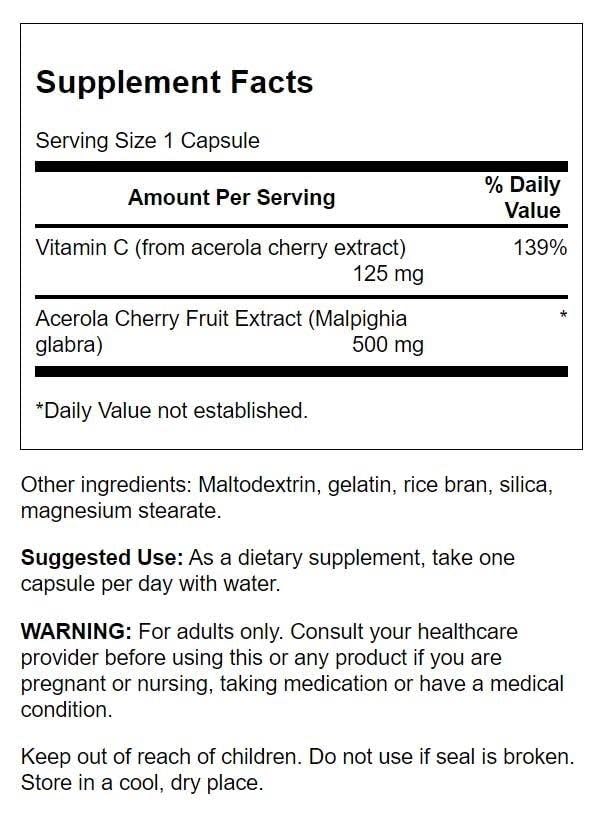 Swanson Acerola Vitamin C, Immune Support, 500 mg, 60 Caps | Potent Form of Vitamin C that Boosts Antioxidant Activity and Supports Immune Health, Full Spectrum Whole Fruit Formula