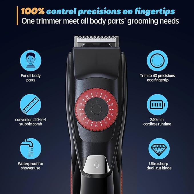 [Australia] - 40 Precisions Electric Beard Trimmer for Men, Mens Grooming Trimmer for Beard, Mustache, Face and Ear Hair, Multi-Series Clipper, Waterproof, USB C Charging, Soft Pouch (Red) Red 