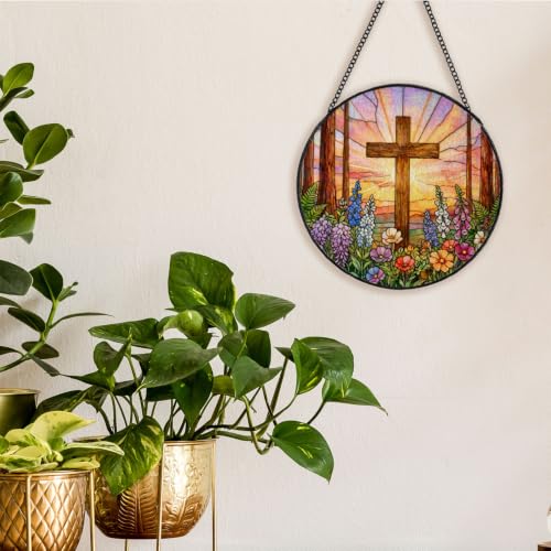 Christian Cross Stained Glass Window Hanging 5.9x5.9in Crucifix