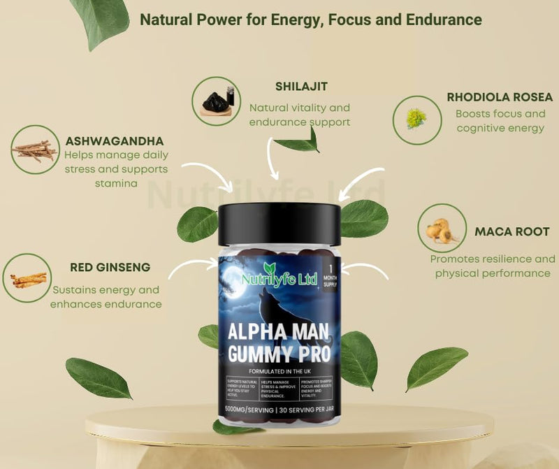 Alpha Man Gummy Pro – 5000mg High Strength Energy, Stamina & Vitality Gummies for Men with Maca, Ashwagandha, Rhodiola, Ginseng & Shilajit | Vegan Food Supplement | 60 Gummies