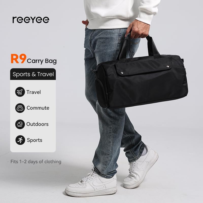 reeyee 16L Cordura Gym Duffel Bag with Shoe Compartment, Black | Compact 16L Cordura gym duffel with separate shoe compartment, water-resistant fabric, luggage sleeve and shoulder strap.